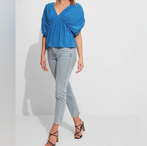 Express Peplum Draped Top Size Large Womens Blue V Neck Short Sleeve Blouse - Picture 3 of 8